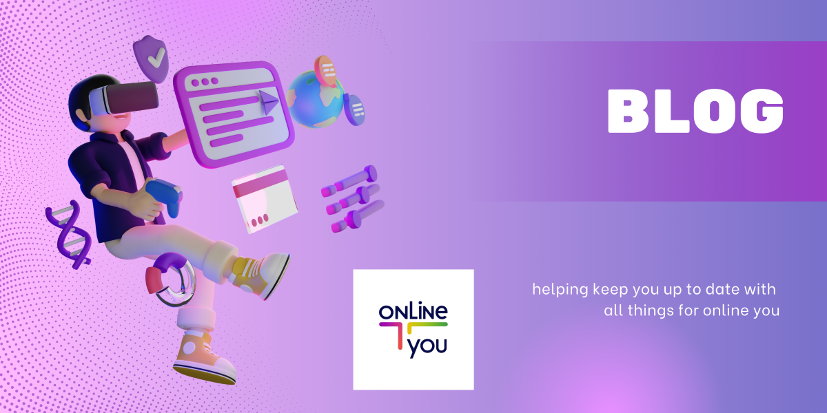 BLOG banner purple background with a cartoon image of a guy surrounded by digital things, BLOG written in white on the top right, 'helping keep you upto date with all things for online you' writen in white underneath, and onLine you logo bottom middle