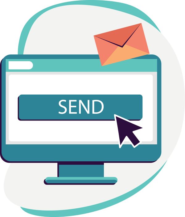 computer screen with a giant 'send' button in the middle and an envelope flying out of the top