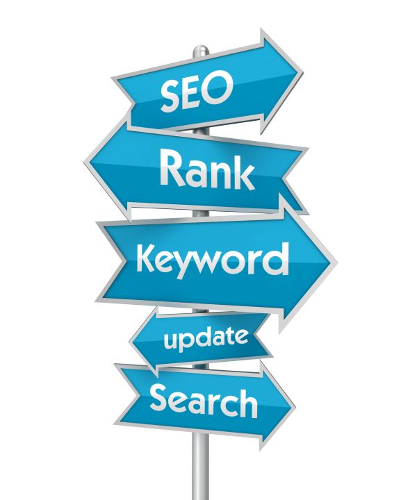 a sign post with arrows inting to SEO, rank, keyword, update and search. Arrows are light blue with white writing