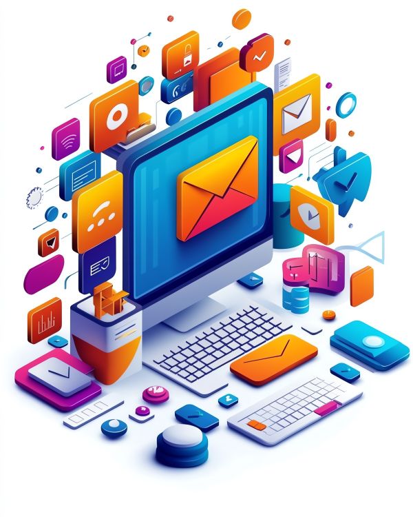 a computer with digital marketing icons all around it in bright orange, pink and blue