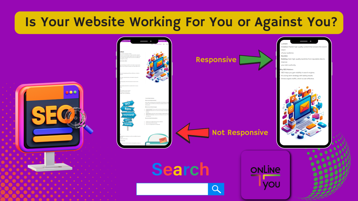 two cell phones, one with a hard to read non responsive website on, the other with a nice easy to read responsive website on. A Computer screen with SEO wrotten on and a google seach bar at the bottom