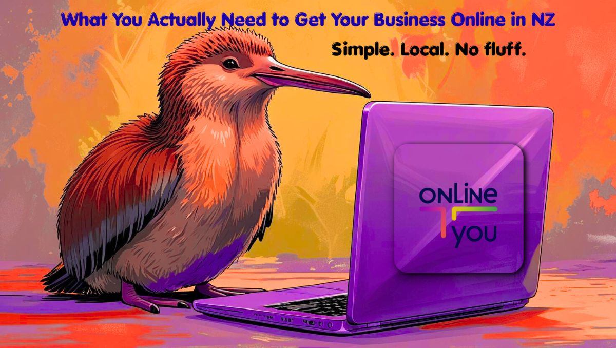 A friendly Kiwi sitting at a laptop with a paint splash background