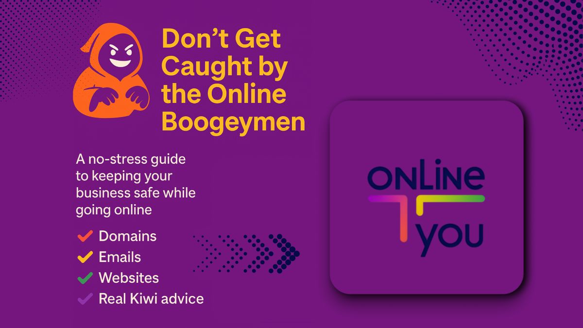 A boogeman with a guide to keeping you safe online nxt to the onLine you logo, on a purple background