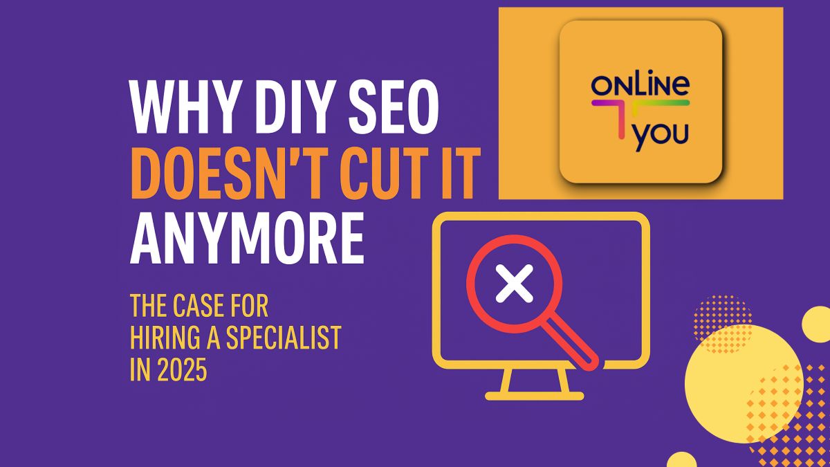 Why SEO Doesn't cut it anymore, The Case for hiring a specialist, written next to a graphic of a tv screen with a magnifying glass held in front of it.