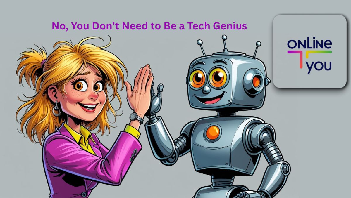 Cartoon illustration, vibrant colors, of a frazzled Caucasian female small business owner with messy blonde hair in a brightly colored business suit high-fiving a friendly, cartoonish robot with large, expressive eyes and metallic silver body.