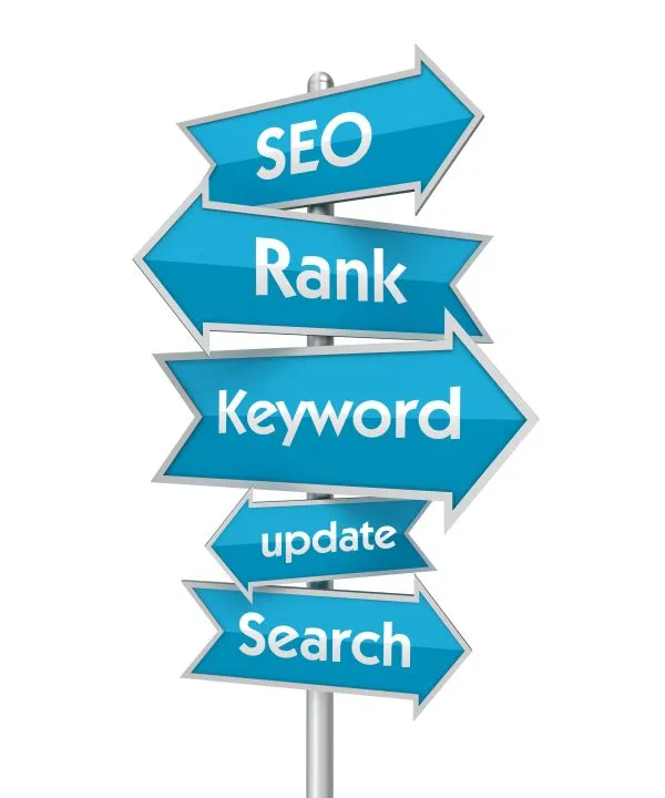 marketing Sign post_result a sign post with arrows inting to SEO, rank, keyword, update and search. Arrows are light blue with white writing